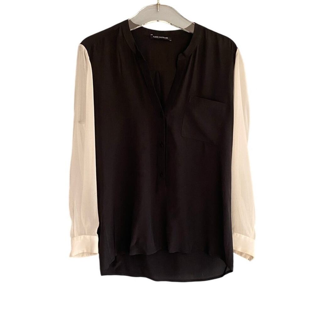 Flavio Castellani Black and cream long sleeve blouse silk size 42 made in Italy